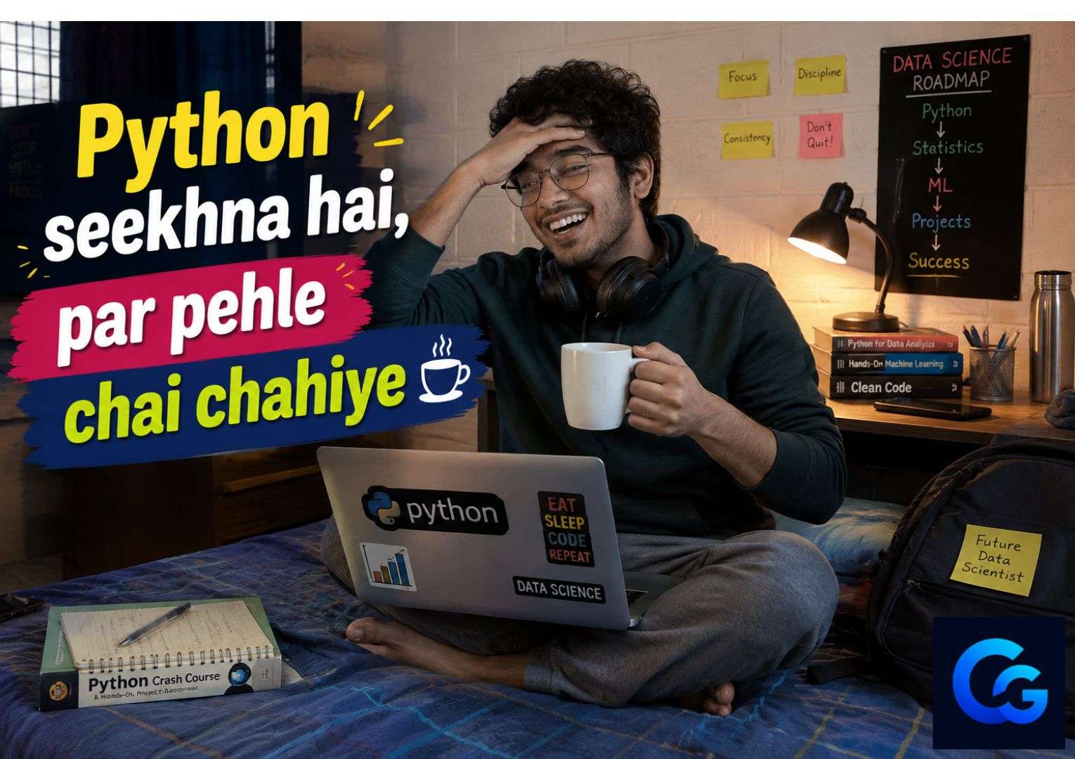 Indian student learning Python for data science career with laptop and chai