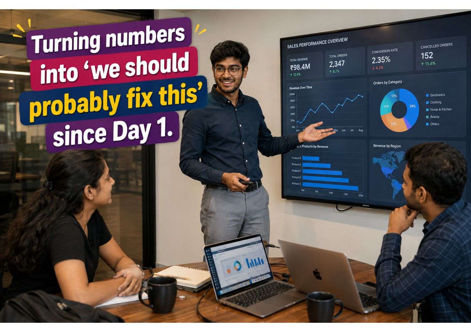 data analyst presenting dashboard insights in Indian office