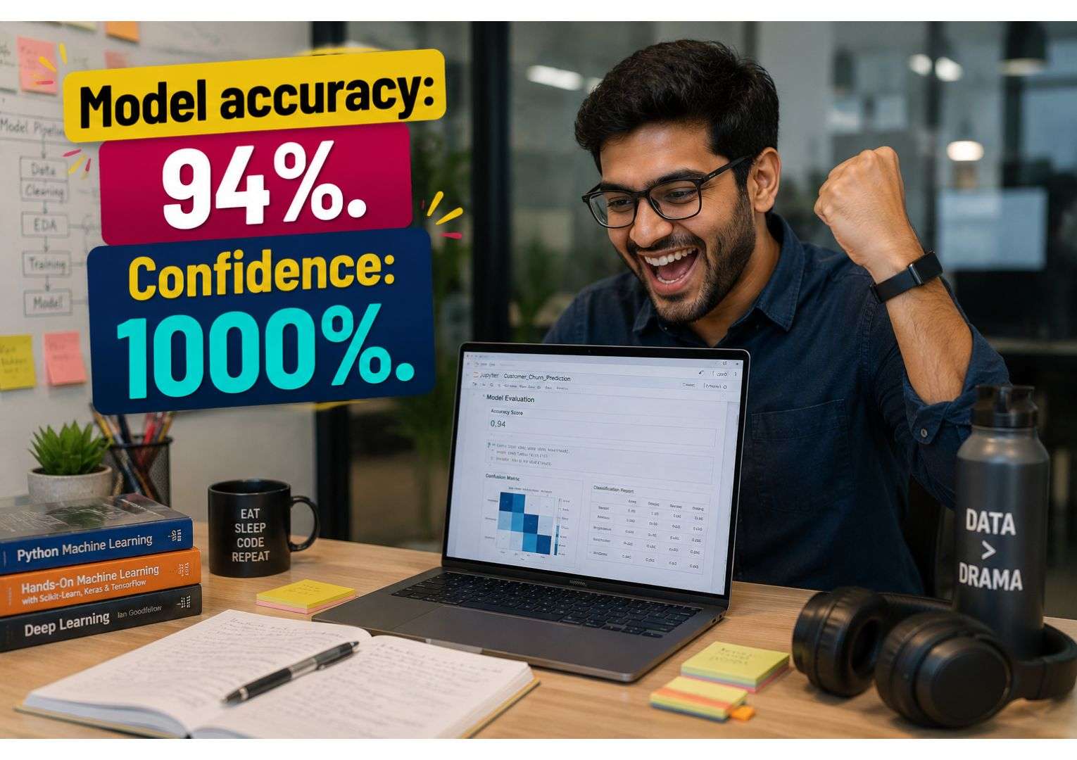 Indian data scientist celebrating machine learning project completion