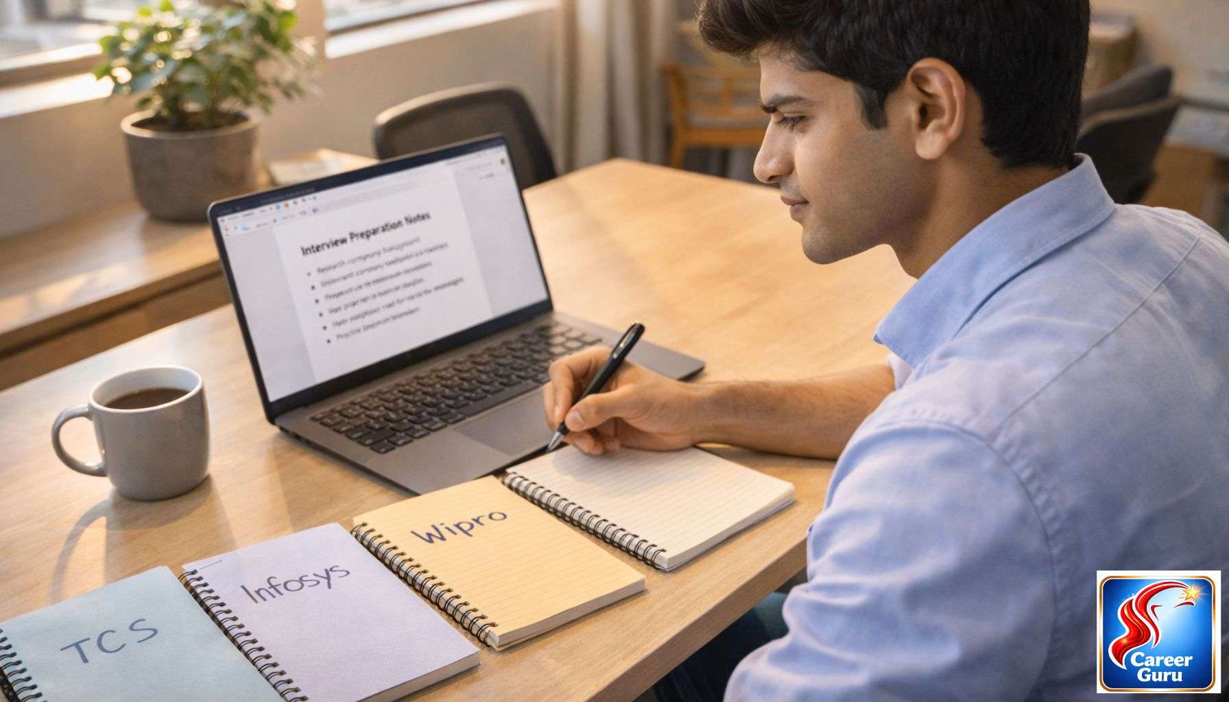 Preparing for TCS Infosys Wipro interviews 2026 — student with company-specific notes