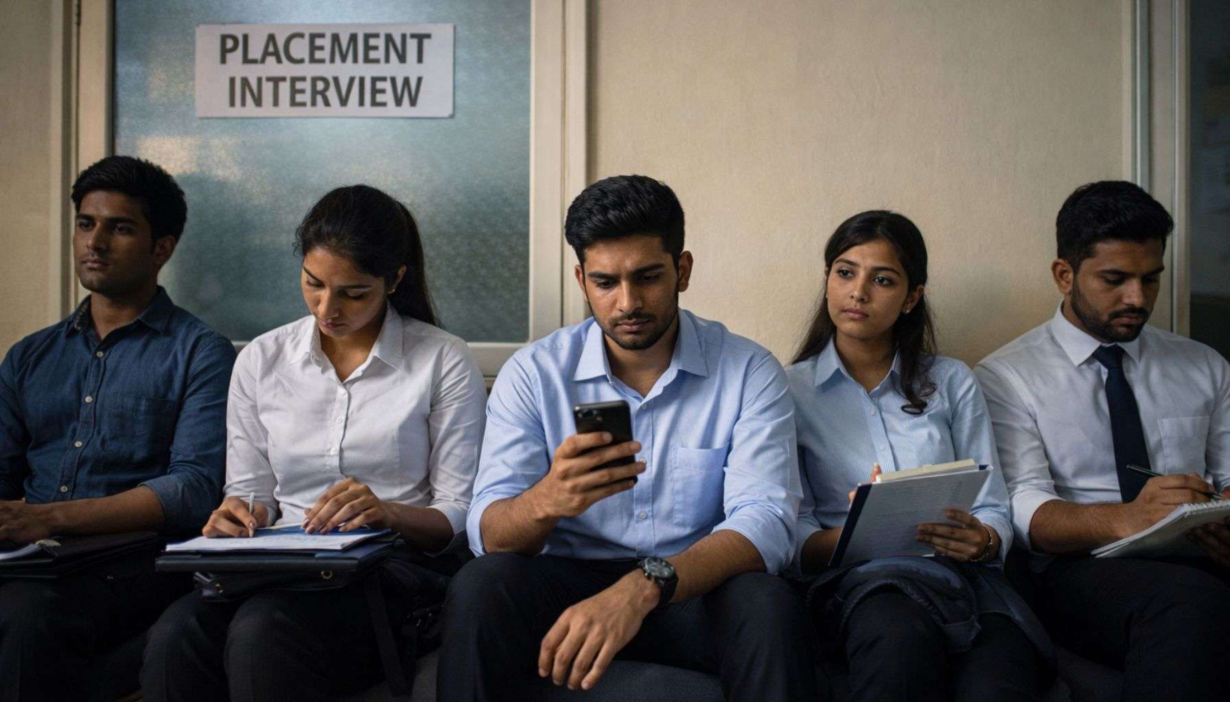 Campus placement season India 2026 — students waiting for interviews outside placement room