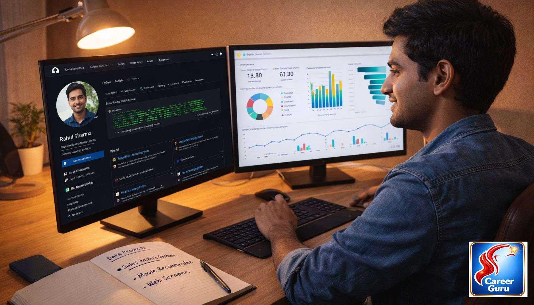 Building data science portfolio for data science career roadmap India 2026 — student with GitHub and dashboard