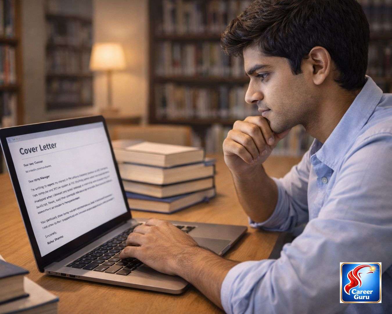 student writing internship cover letter in college library