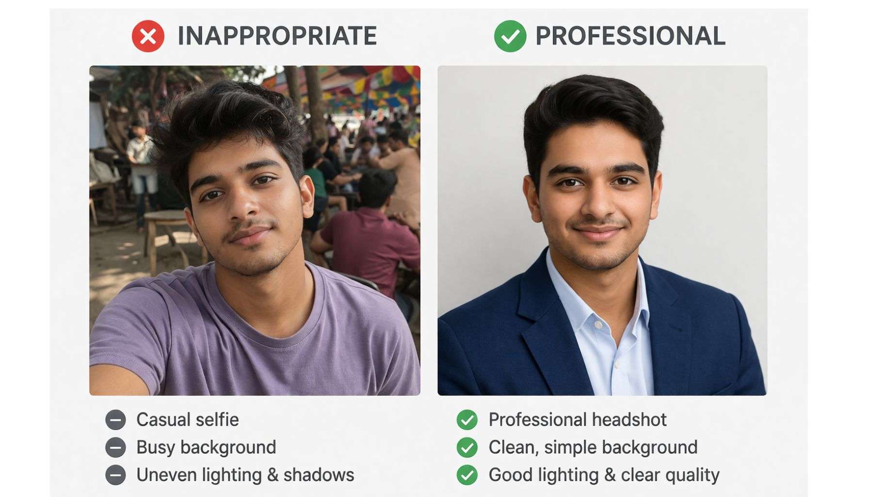LinkedIn profile photo tips for students India 2026 — professional vs unprofessional photo comparison