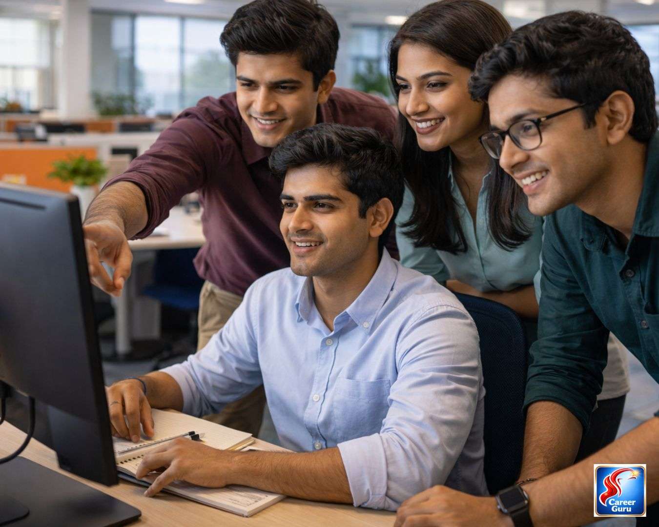 Young freshers working at an IT company in India 2026—collaborative office environment