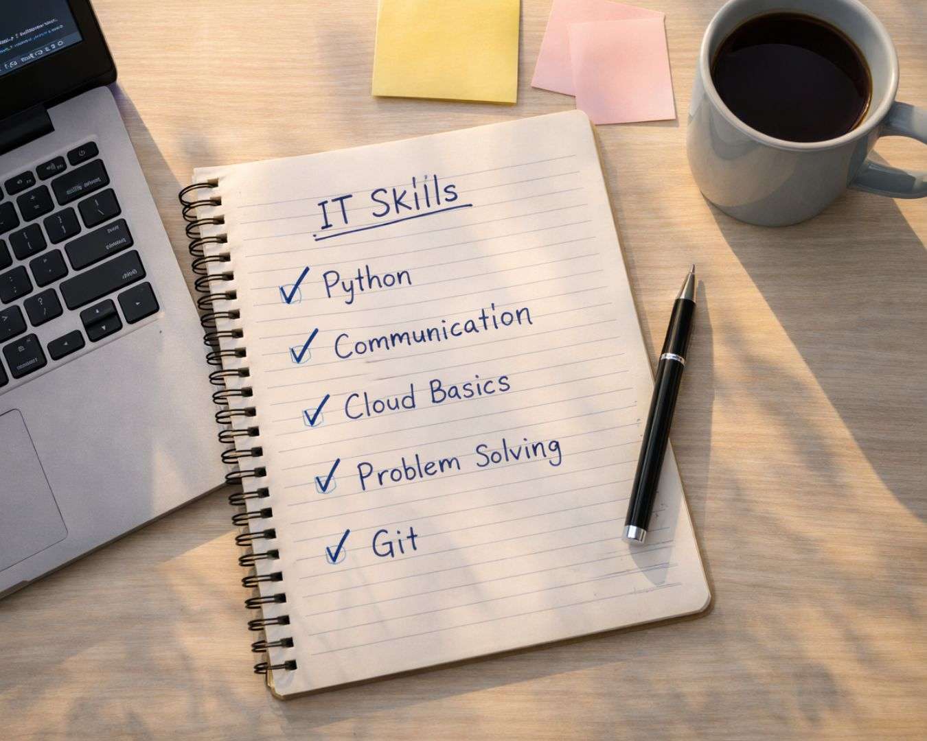 Skills needed for IT fresher jobs in India 2026 — student skill list on desk