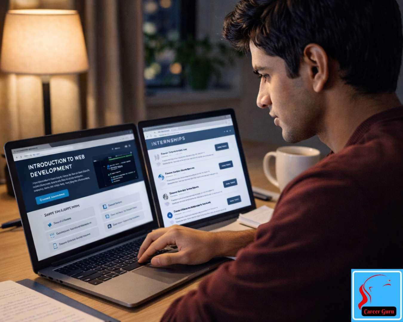 students working through online courses at night