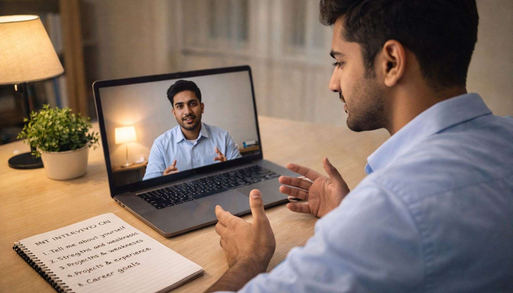 Interview preparation for off campus jobs India 2026 — fresher practicing mock interview at home