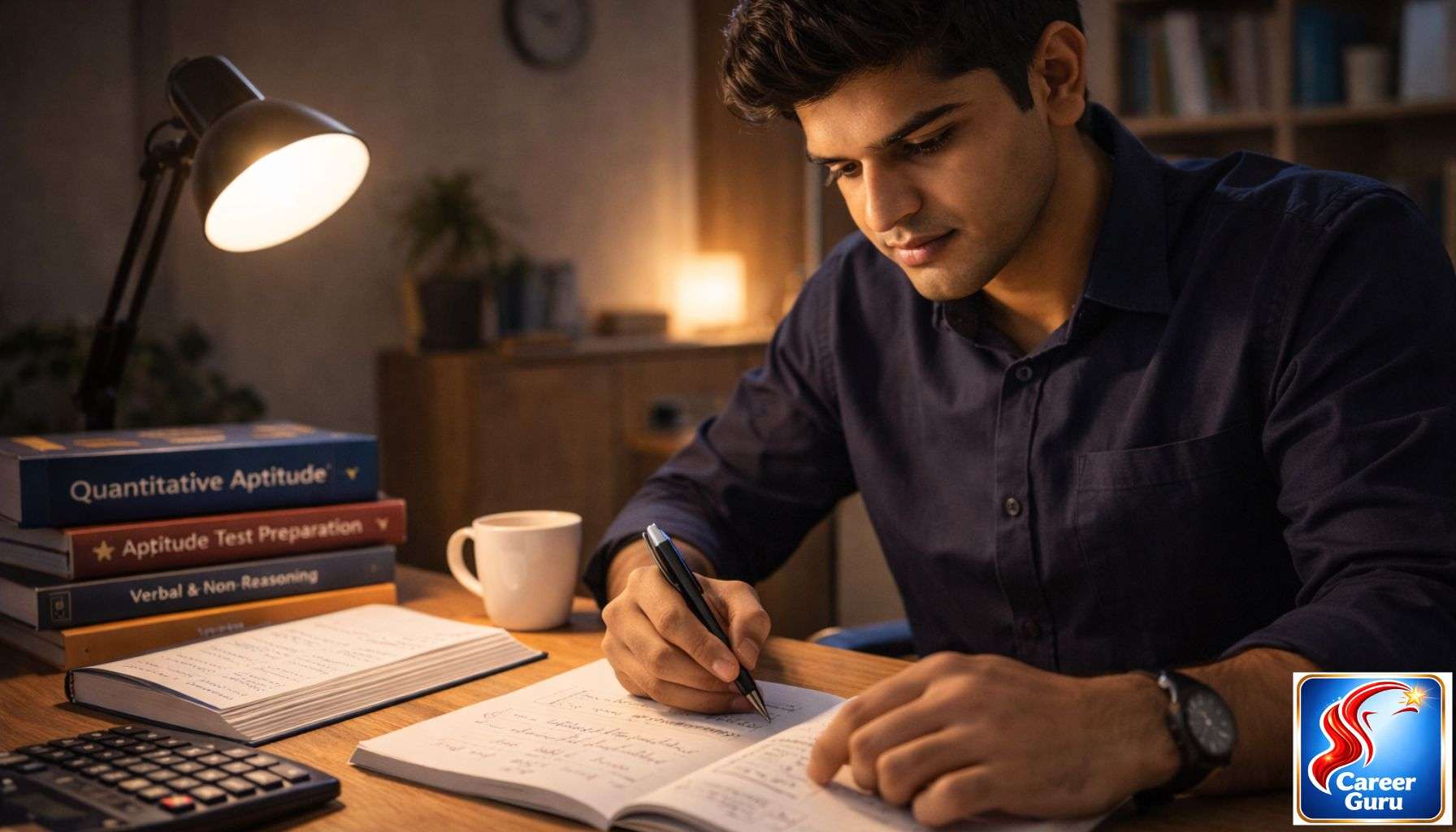 Aptitude preparation for campus placements India 2026 — student studying at night