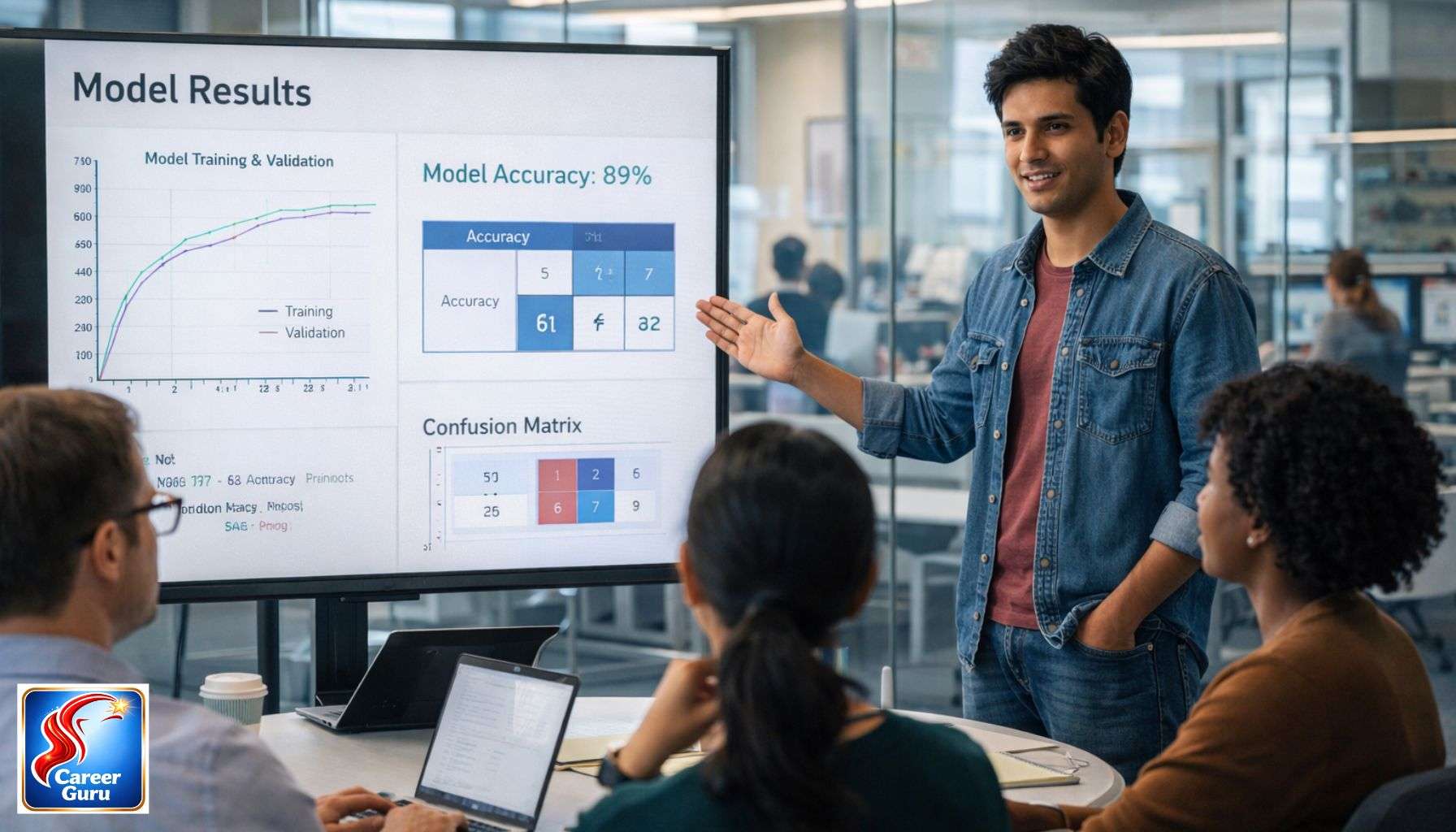 Artificial intelligence career in India 2026 — AI professional presenting model results to team