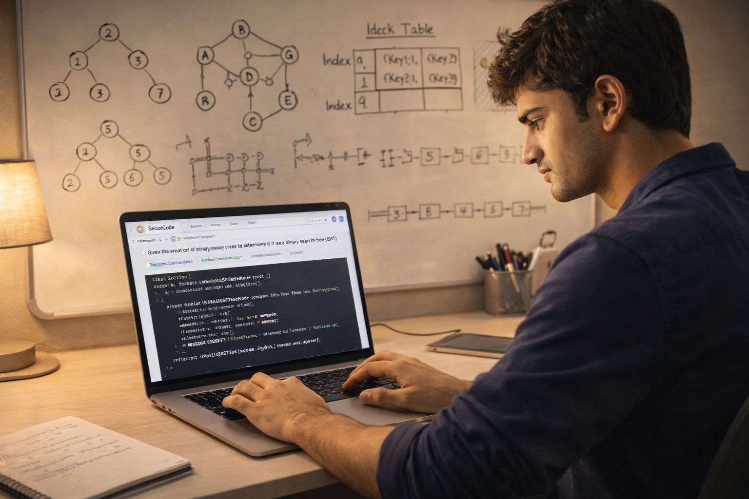 Data structures preparation for Google India fresher job 2026 — student with DSA diagrams on whiteboard