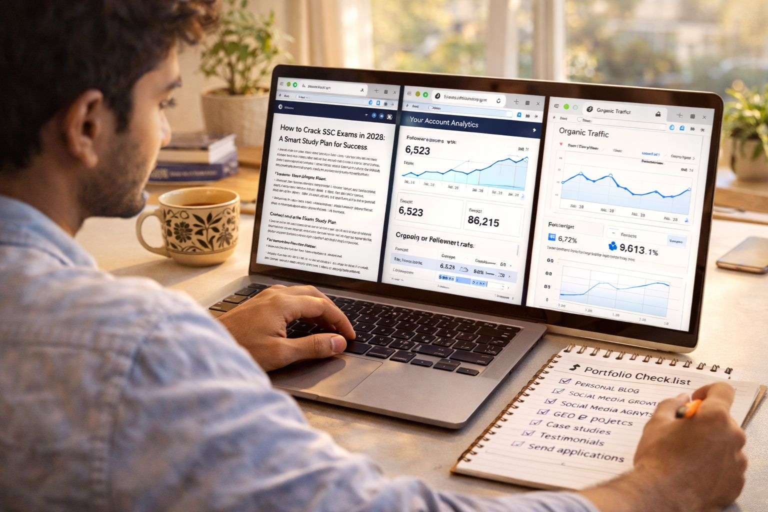 Building digital marketing portfolio for internships India 2026 — student with blog analytics and social media growth visible