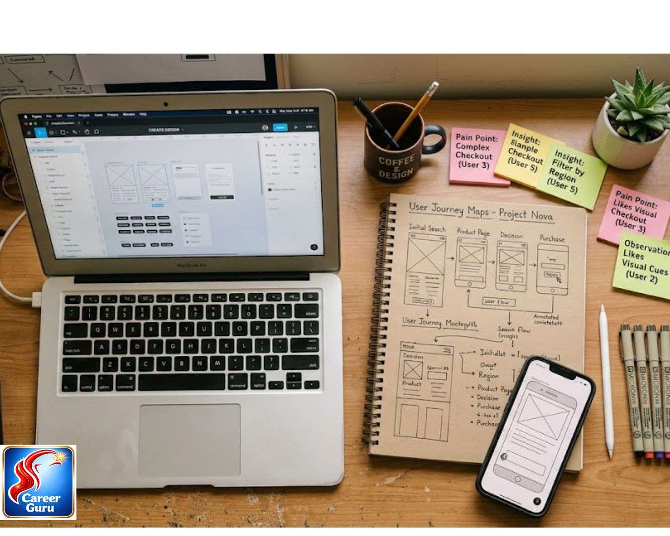Skills needed for UI UX design internships India 2026 — student workspace with Figma and user research materials