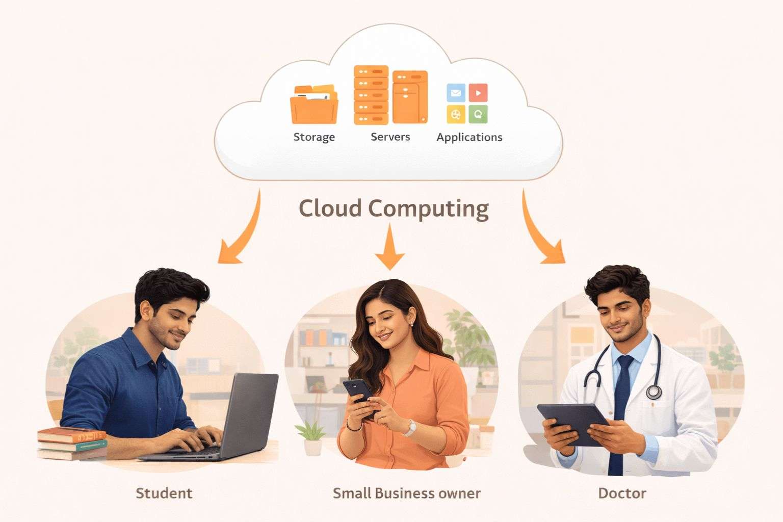 What is cloud computing India 2026 — simple illustration showing cloud services accessed by different users
