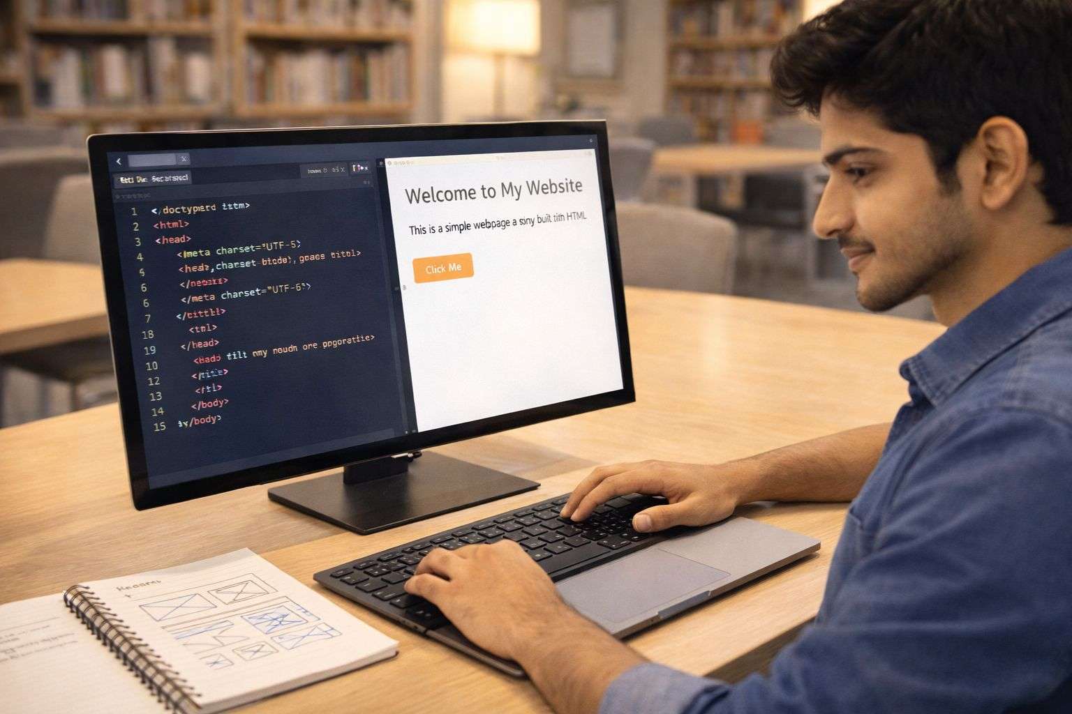 Full stack developer roadmap India 2026 stage 1 — student building first webpage with HTML and CSS
