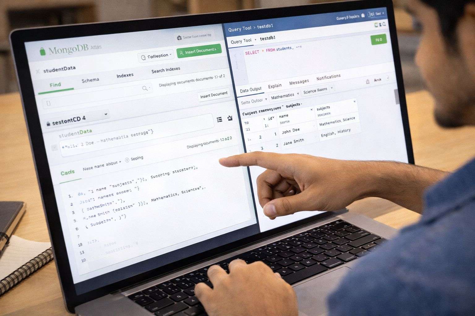  Full stack developer roadmap India 2026 stage 5 — student comparing MongoDB and PostgreSQL databases