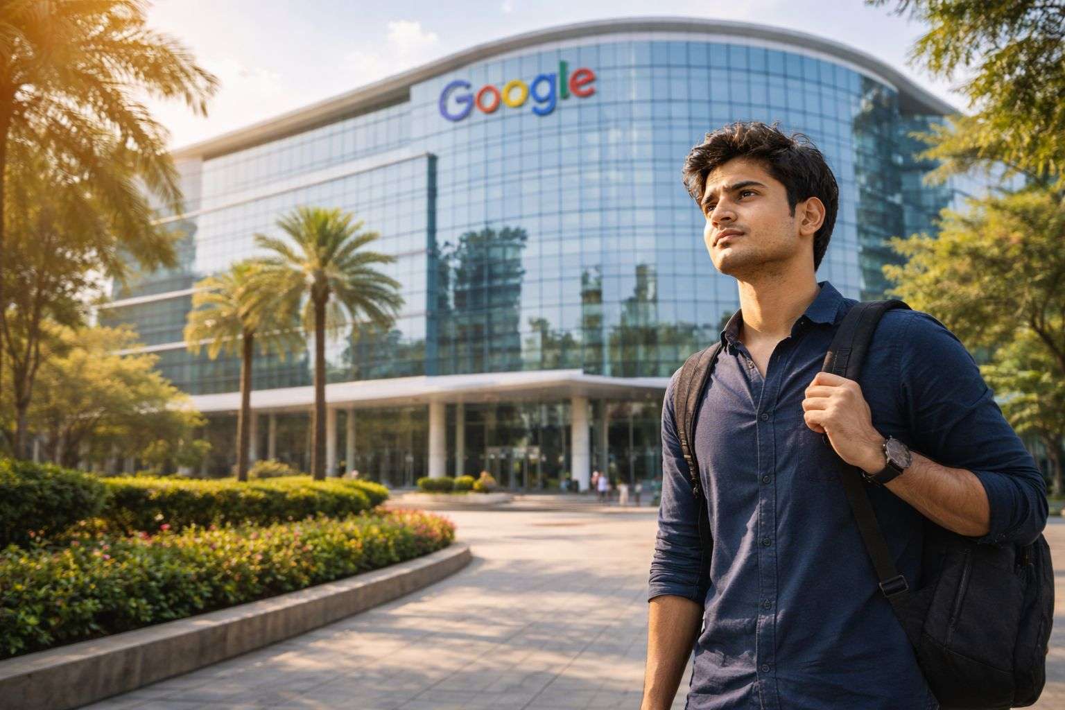 How to get a job at Google India as a fresher 2026 — student outside Google India office
