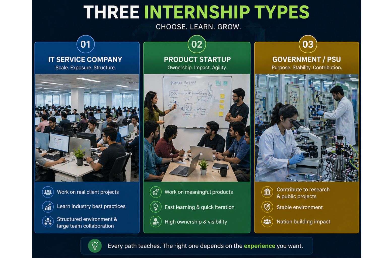 Types of internships India 2026 — IT service company startup and PSU government internship PPO comparison