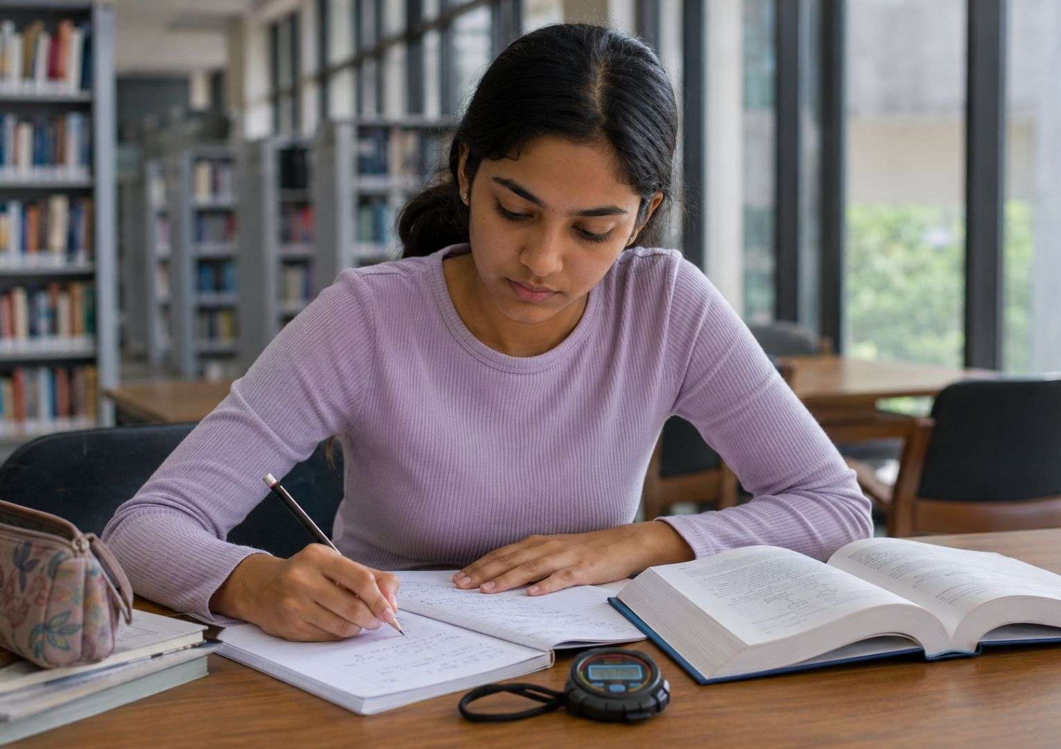 Indian female student practicing quantitative aptitude for IT placements in India at college library