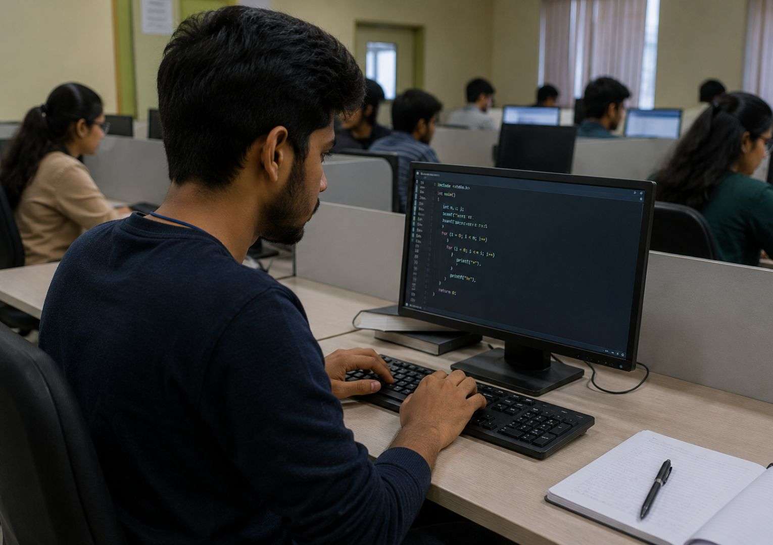 Indian engineering student practicing coding round preparation for IT placement aptitude test 2026