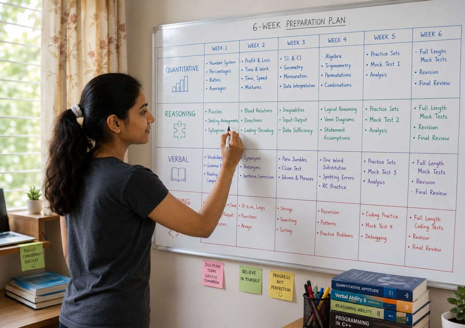 Indian female student making aptitude test preparation plan for IT placements India 2026