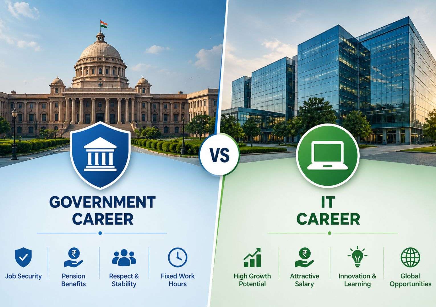 Government jobs vs IT jobs India 2026 — career path comparison infographic for engineering graduates
