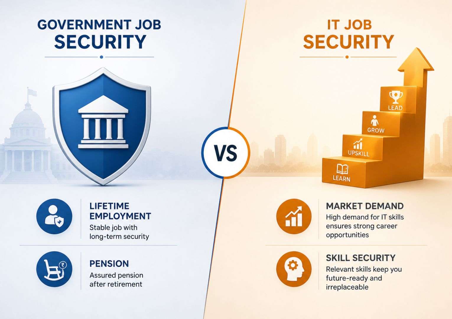 Job security comparison government vs IT jobs India 2026 — pension vs skill security for engineering graduates