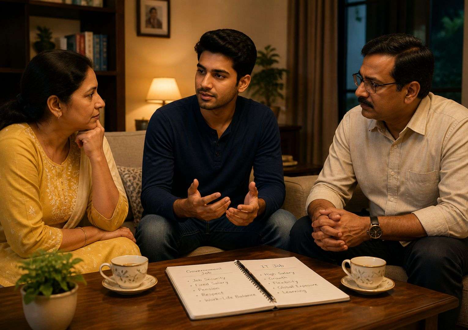 Government jobs vs IT jobs India family discussion 2026 — parents and student deciding career path