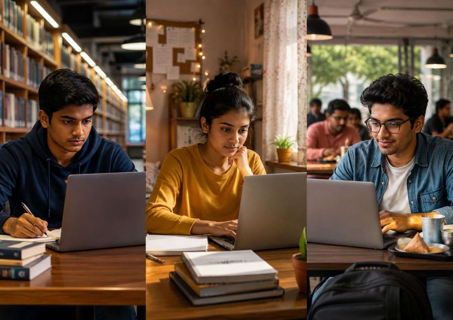 Indian students preparing for IT interviews in different environments — home study, library, campus