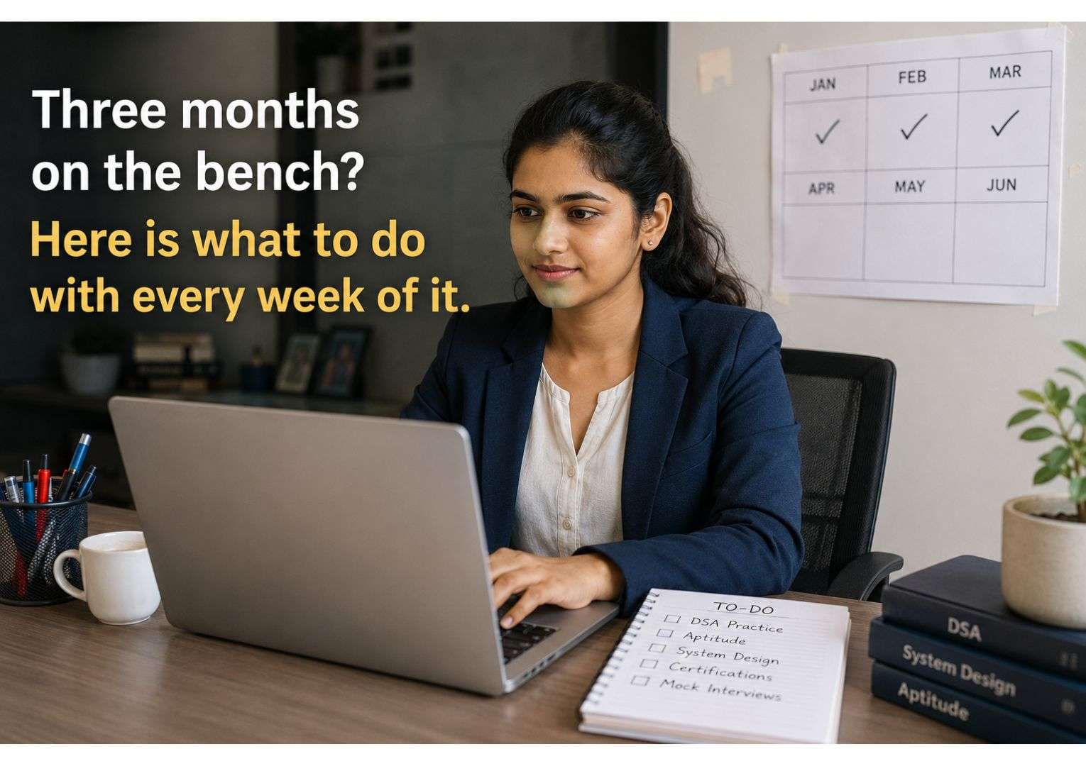 Bench period in IT — young Indian female fresher at laptop with wall calendar and to-do notepad, looking determined