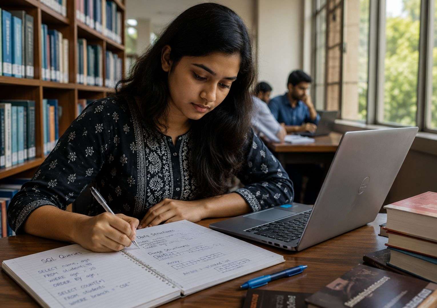 Indian female student writing DBMS notes by hand while preparing for IT interview in 30 days