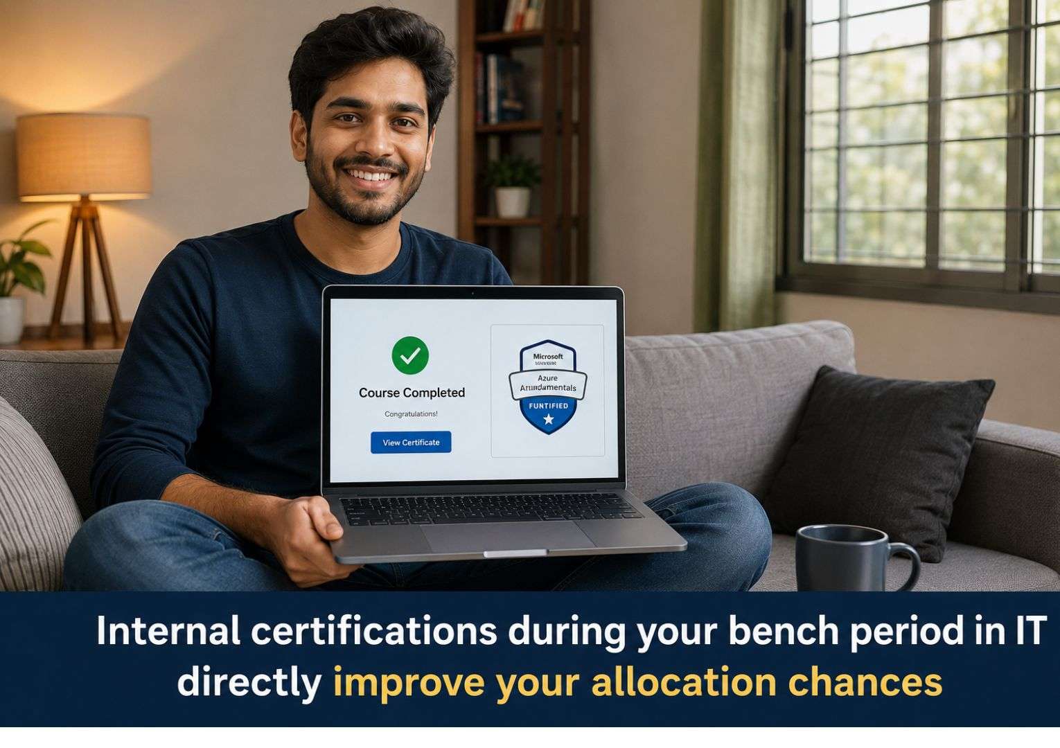 Bench period in IT — young Indian male sitting on couch completing online certification course on laptop with coffee nearby
