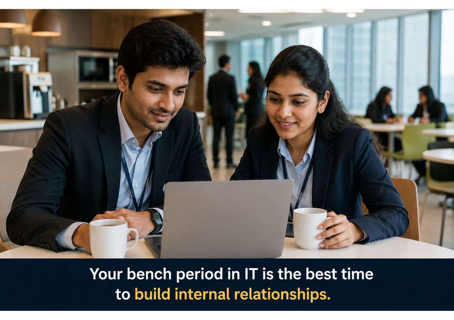 Bench period in IT — two young Indian IT professionals talking over coffee in modern office pantry area with laptop open