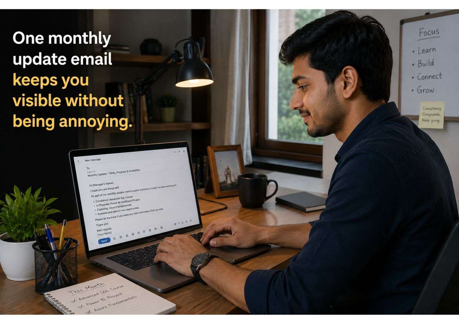 Bench period in IT — young Indian male fresher typing professional email on laptop at home office desk, looking composed
