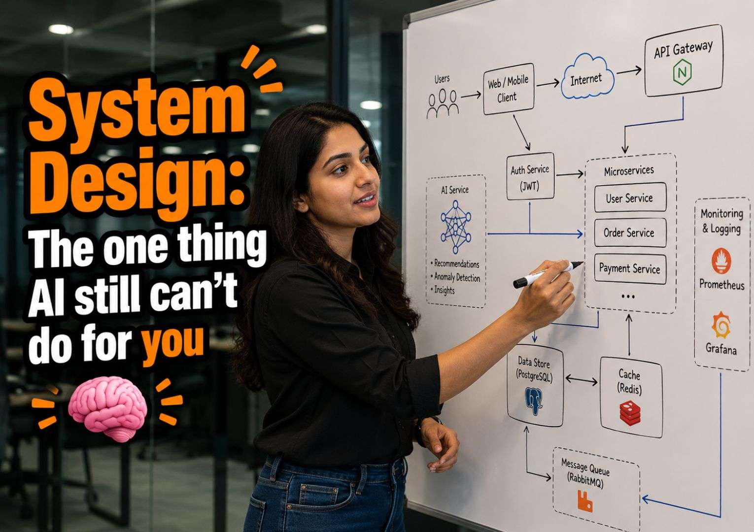 Indian female software engineer doing system design — critical skill in software engineering in the AI era