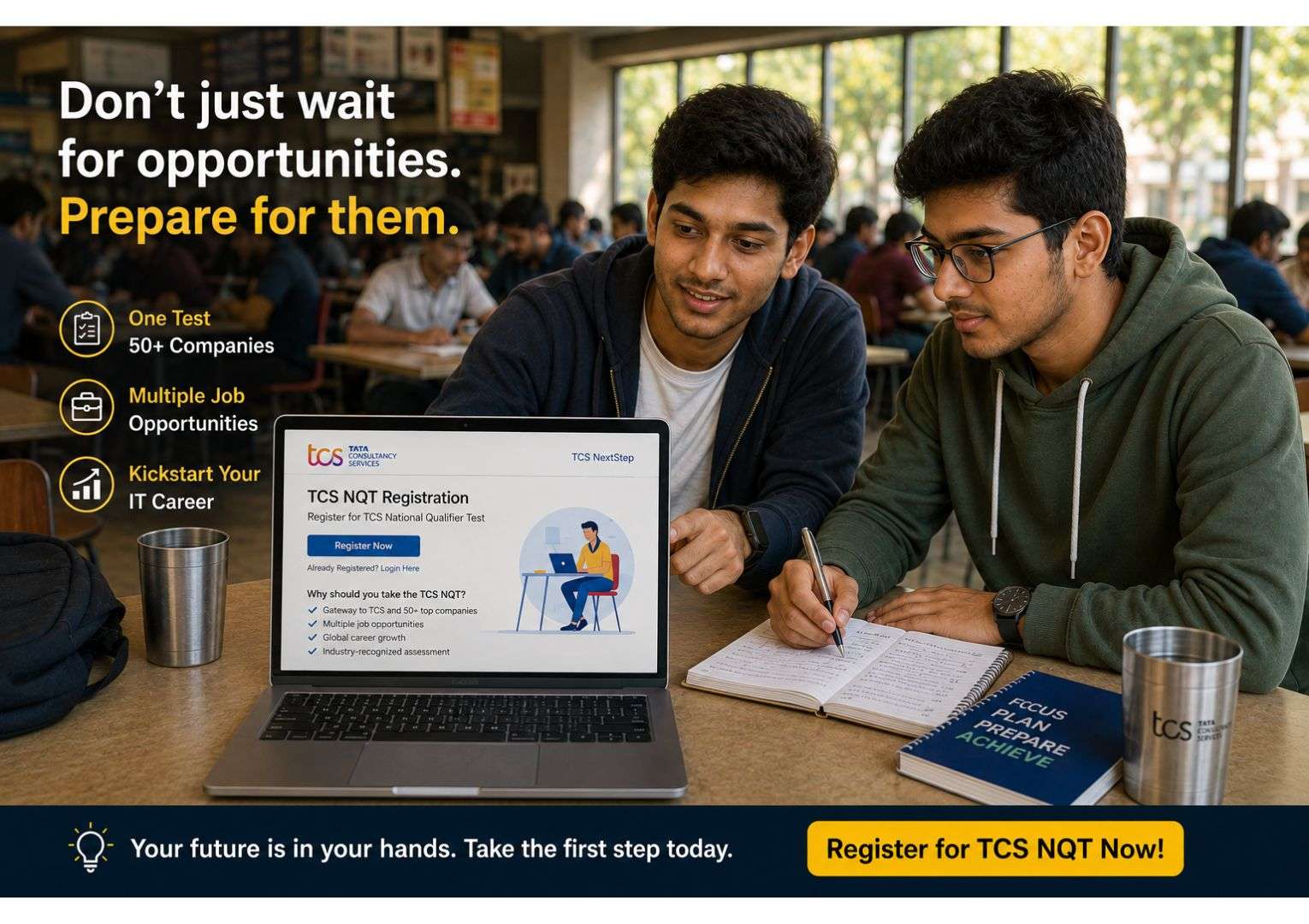 TCS Digital vs TCS Ninja — two Indian engineering students comparing TCS NQT profiles on a laptop at college canteen