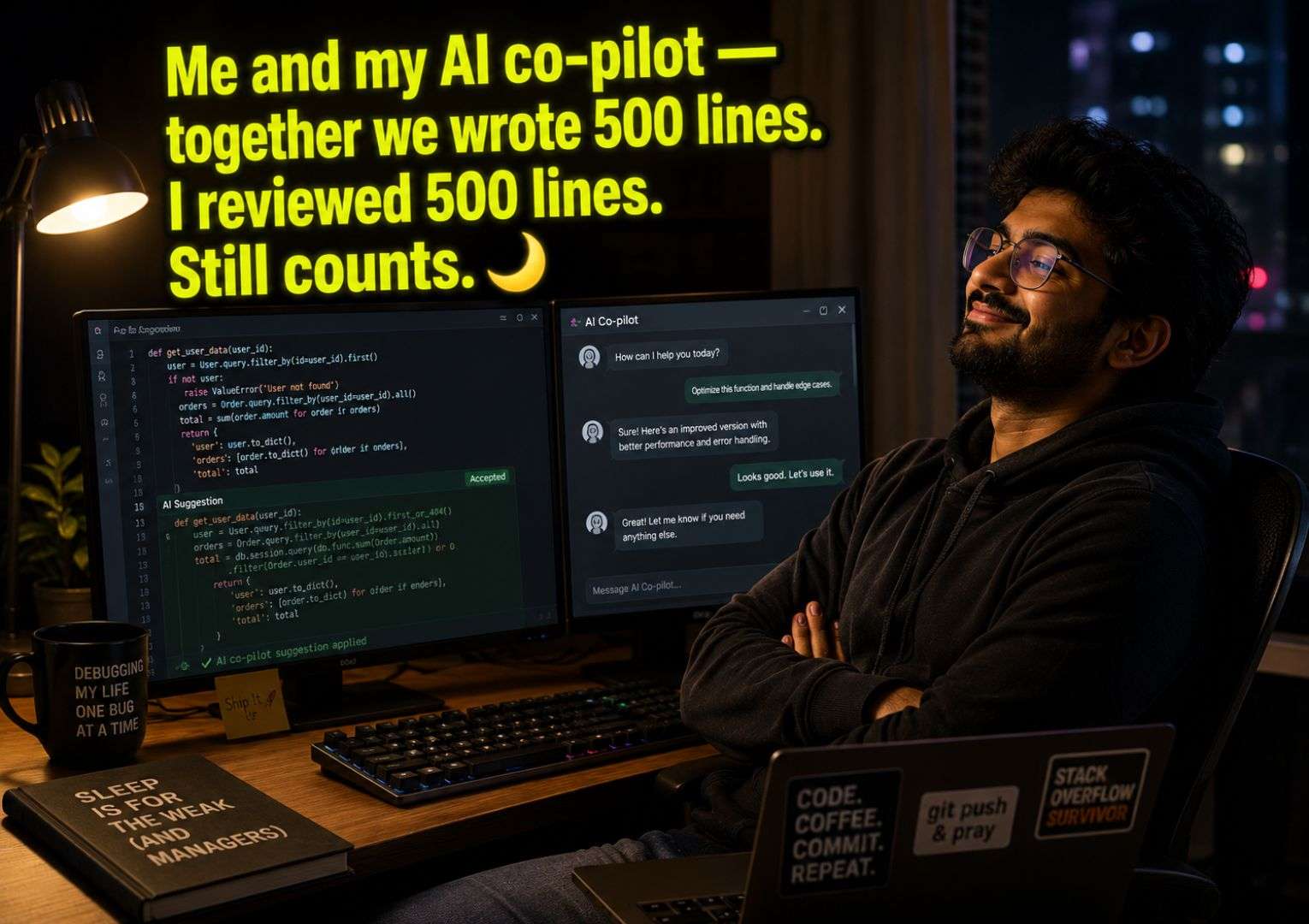 Indian software engineer using AI tools at night — workflow in software engineering in the AI era