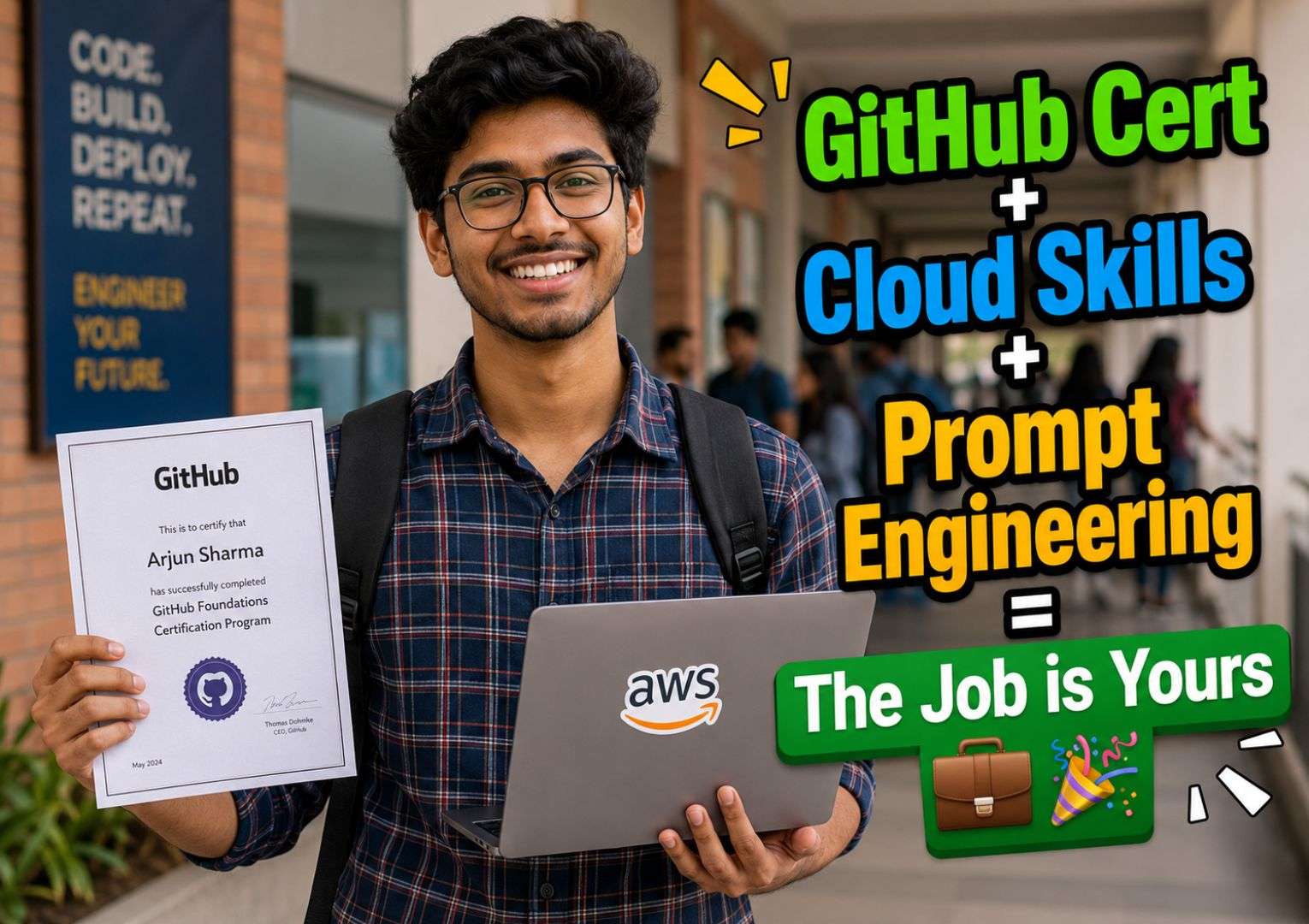 Indian fresher with GitHub and cloud certifications relevant to software engineering in the AI era