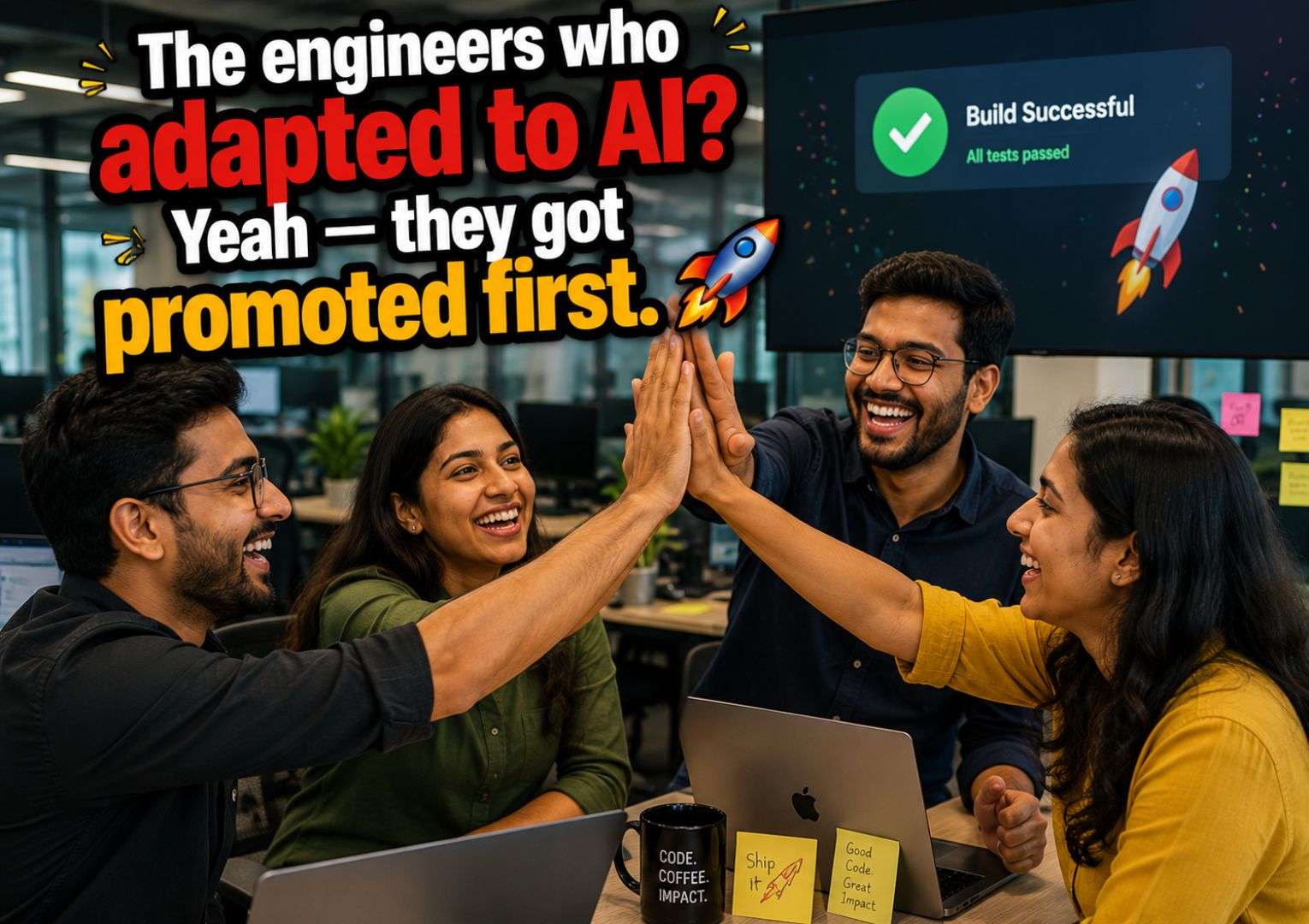 Indian software engineers celebrating career success after adapting to software engineering in the AI era