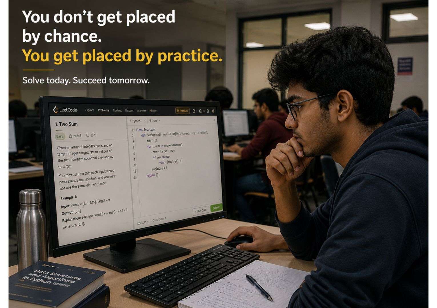 TCS Digital vs TCS Ninja preparation — Indian male student practising coding problems in college computer lab