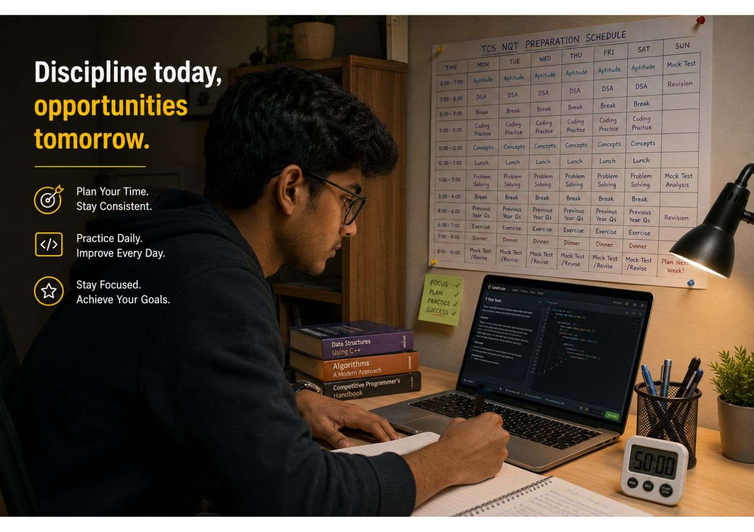 TCS Digital vs TCS Ninja preparation plan — Indian male student following a structured study schedule at home desk