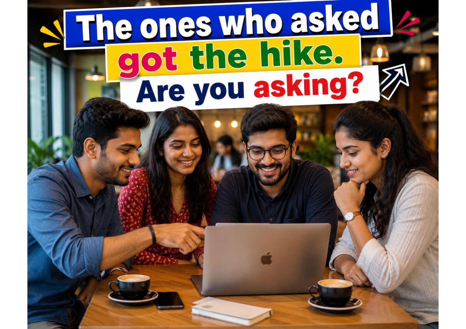  Indian IT freshers discussing salary hike after probation strategy together
