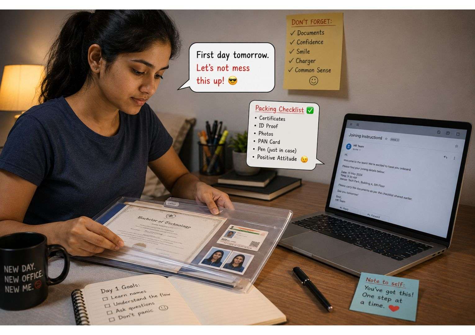 First day at an IT company preparation — Indian female fresher organising joining documents at home the evening before