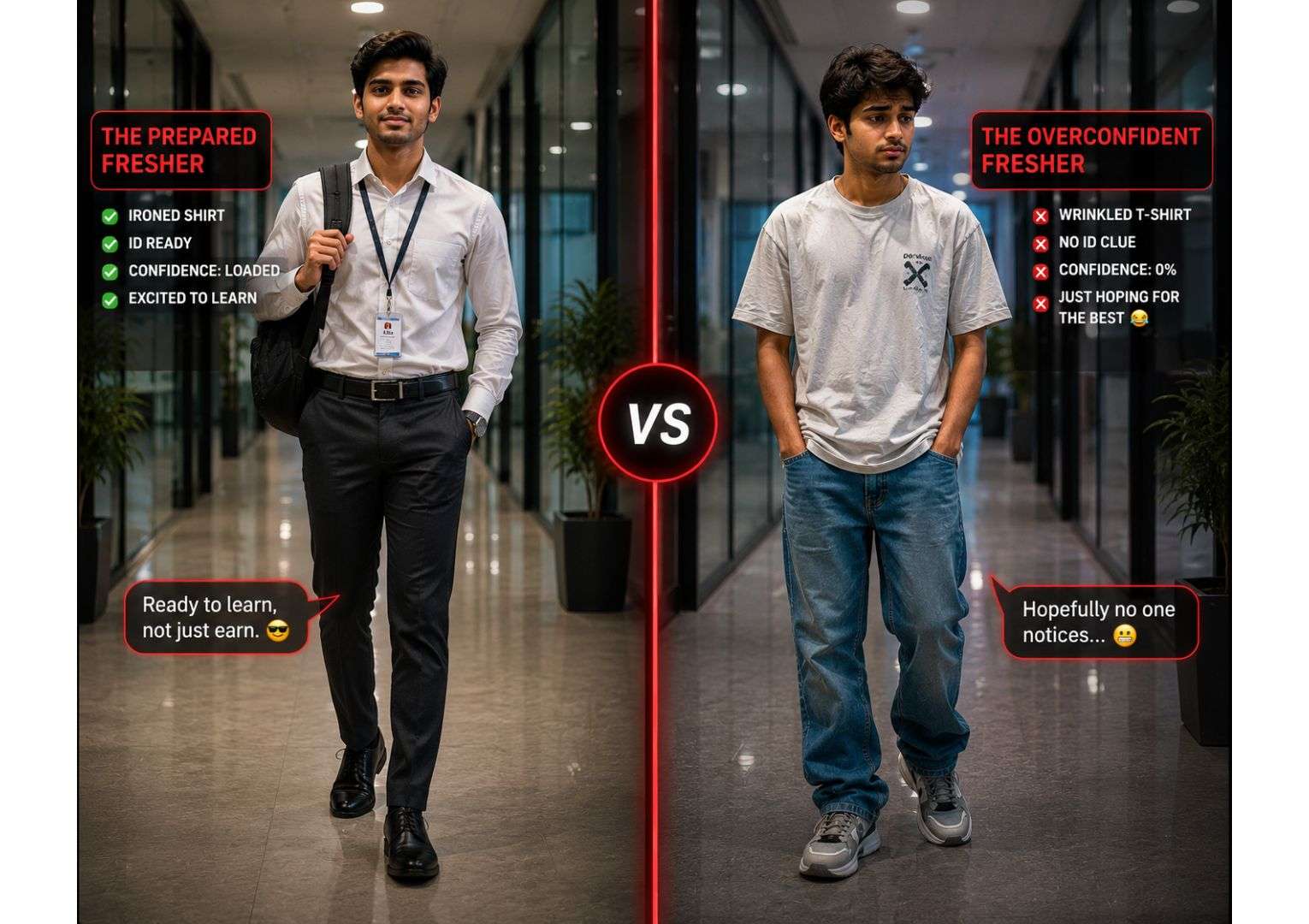 First day at an IT company dress code — comparison of right and wrong attire for Indian male fresher on joining day