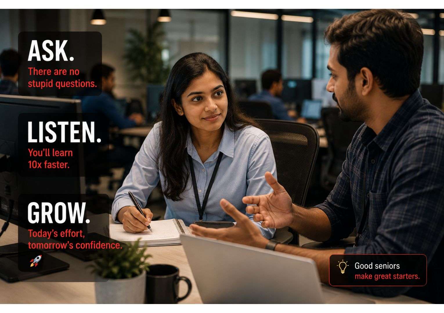 First day at an IT company communication — Indian female fresher listening attentively to senior colleague at office workstation