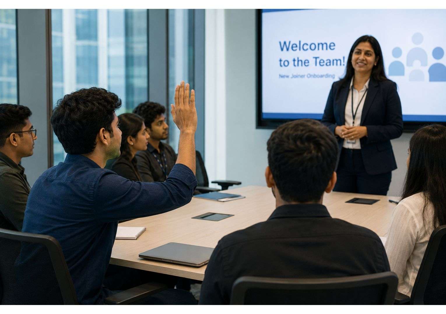 First day at an IT company — Indian male fresher asking a question during onboarding session in company conference room