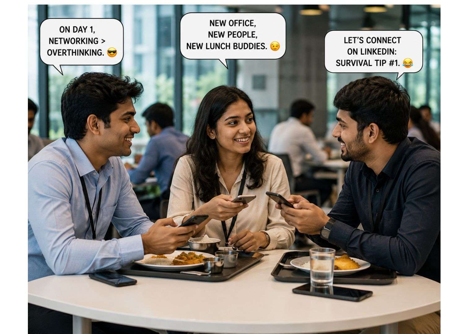 First day at an IT company networking — group of Indian freshers connecting during lunch on joining day at IT company