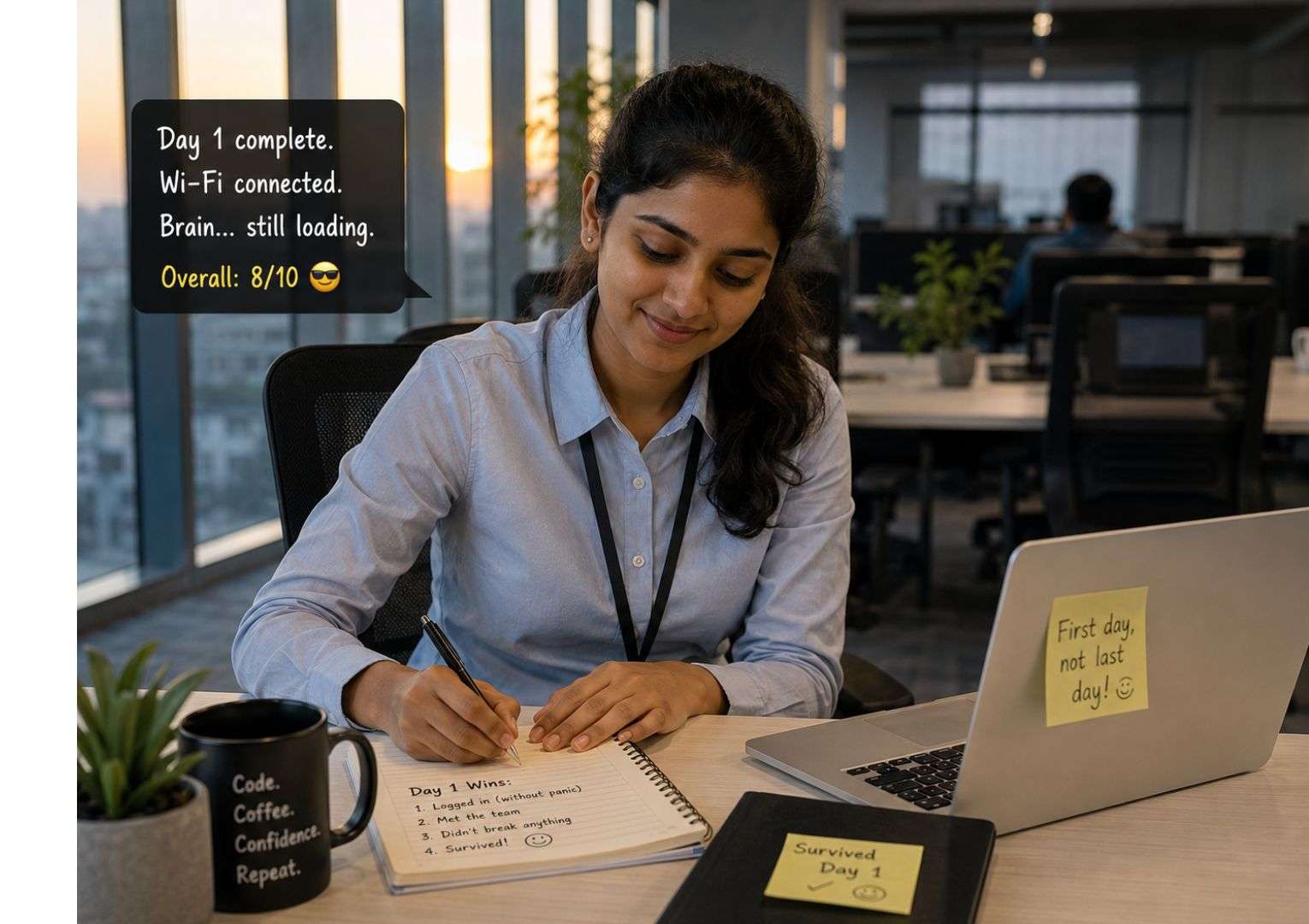 First day at an IT company — Indian female fresher making notes at her desk at the end of her first working day