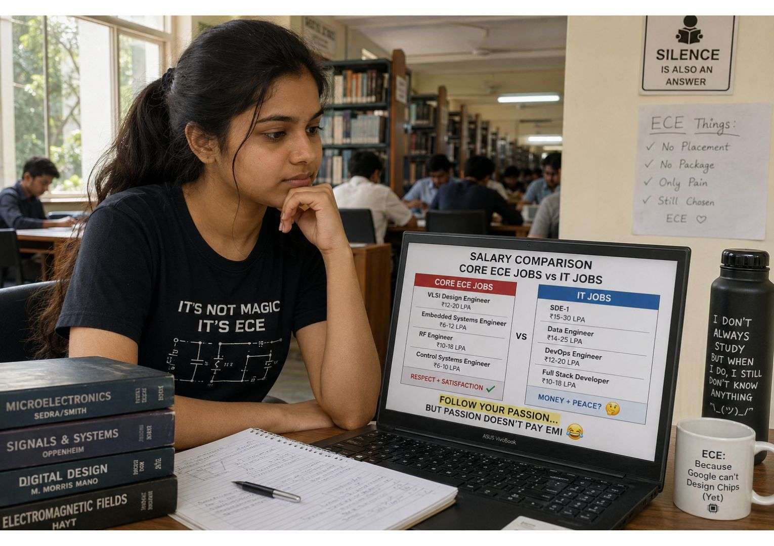 Switch to IT career from non-CS branch — Indian ECE female student comparing core vs IT career salary options at college library