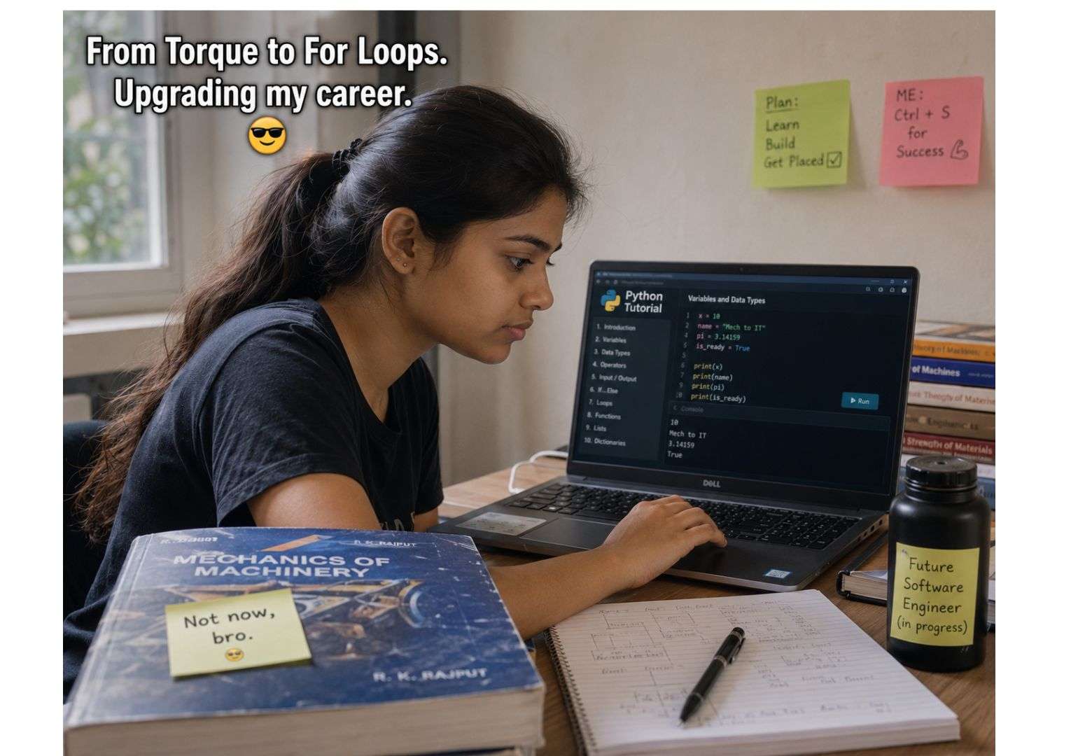 Switch to IT career from non-CS branch Mechanical — Indian female mechanical student learning Python coding at study table